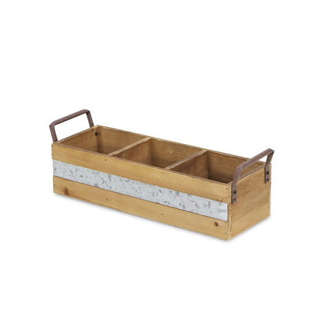 Dark brown wooden 3 slot storage caddy with side metal handles and center galvanized accent