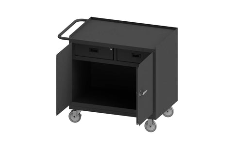 Mobile Bench Cabinet With 5 Inch X 1-1/4 Inch Polyurethane Casters (2) Rigid And (2) Swivel 1 Shelf 2 Drawers And 2 Doors Steel Top Work Surface With Tubular Push Handle Gray