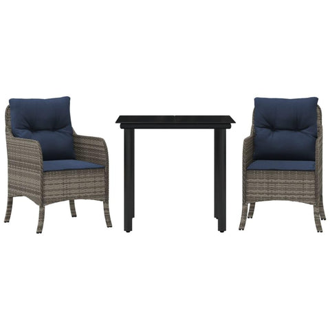 vidaXL 3-Piece Patio Dining Set with Thick Cushions - Gray Poly Rattan & Tempered Glass, Navy Blue Fabric, Outdoor/Garden Furniture, Grey, 3212011