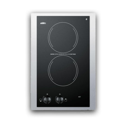 230V European two-burner radiant cooktop in black glass with stainless steel frame to allow installation in 15 wide counter cutouts