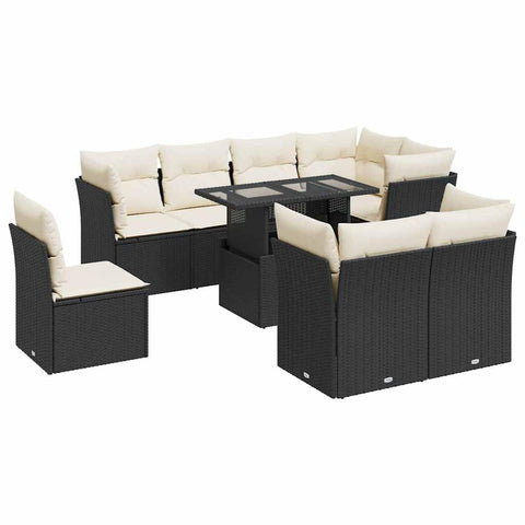 vidaXL 9 Piece Patio Sofa Set with Cushions Black Poly Rattan, Garden Sofa Set, Garden Lounge Set, Sofa for Garden, Outdoor Sofa Set