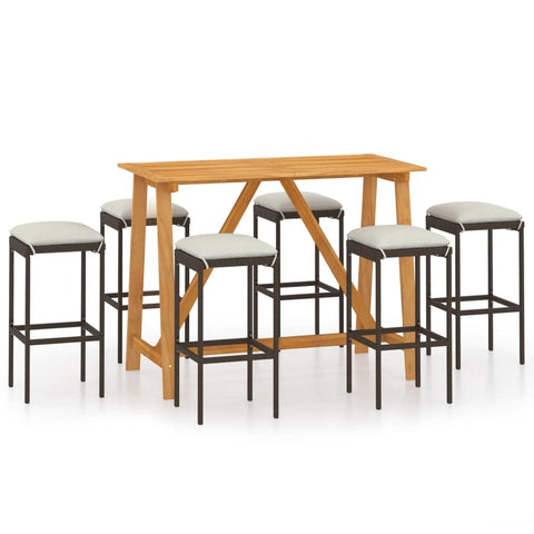 vidaXL Patio Bar Set 7 Piece, Outdoor Bar Table and Stools with Wood Tabletop, Patio Furniture Set with Cushions, Dining Set for Garden, Farmhouse, Brown