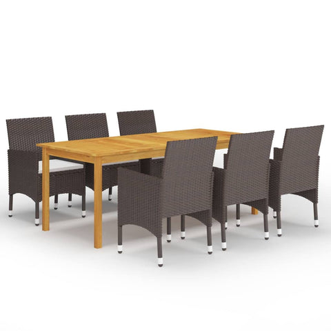 vidaXL 7-Piece Patio Dining Set - Acacia Wood Table & PE Rattan Chairs with Cushions - Outdoor Garden Furniture, Brown/Cream White