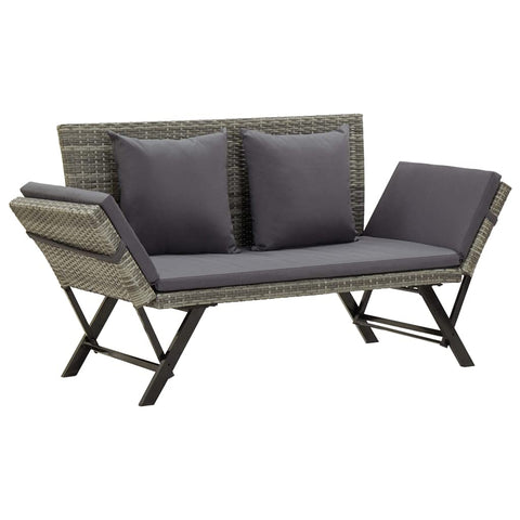 vidaXL Convertible Patio Bench/Sun Bed with Cushions, Weather- Gray Poly Rattan, Steel Frame, Adjustable Sides and Removable Cover