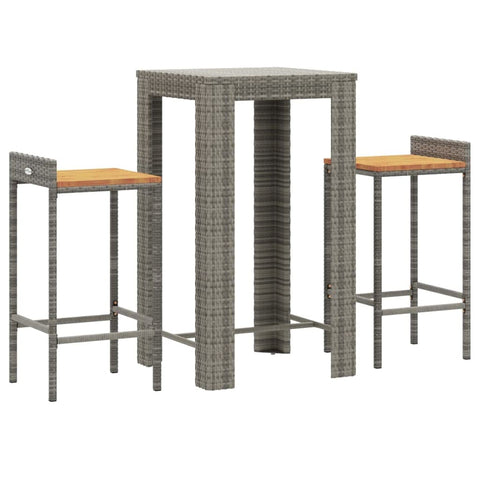 vidaXL 3 Piece Modern Garden Bar Set Grey Poly Rattan and Solid Acacia Wood with Powder Coated Steel Frame for Balcony Outdoor Use Bistro Furniture Patio Table Stools Pub Breakfast Dining