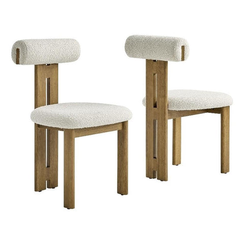 Modway Torian Upholstered Boucle Dining Chairs Set of 2 in French Oak Ivory - 3-Legged Farmhouse Kitchen Chairs - Mid-Century Modern Armless Accent Chairs - Comfortable Side Chairs with Wood Legs