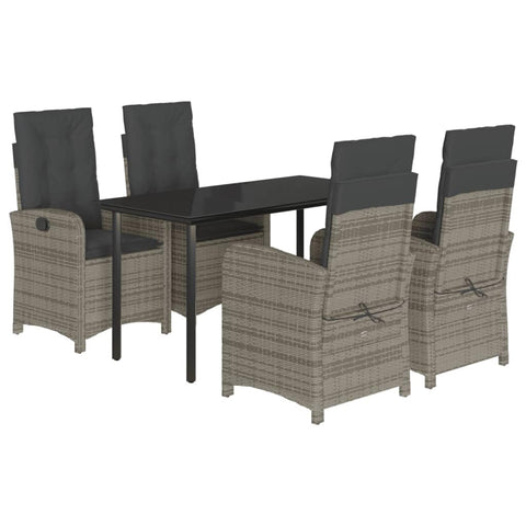 vidaXL 5 Piece Gray Patio Dining Set - PE Rattan with Cushions & Adjustable Backrests, Tempered Glass Tabletop for Garden/Backyard