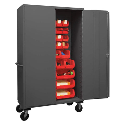 Durham 3502M-BLP-42-1795 Lockable Mobile Cabinet with 42 Red Hook-On Bins, Flush Door Style, 48" Wide, 14 Gauge, Gray
