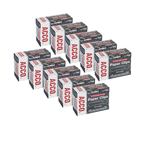 ACCO Premium Jumbo Paper Clips, Smooth Finish, 100 Paper Clips Per Box, Pack of 10 Boxes (72500)