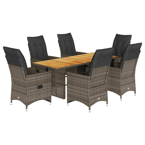 vidaXL 7 Piece Garden Bistro Set with Cushions Grey Pe Rattan Outdoor Dining Furniture Reclining Chairs and Table Great for Balcony Patio 6 Seater Rectangular
