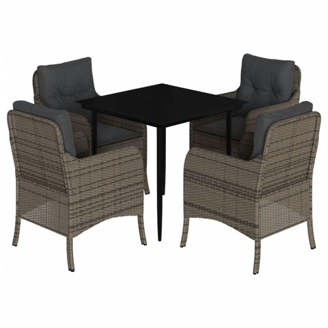 vidaXL 5 Piece Patio Dining Set with Cushions, Gray Poly Rattan - Tempered Glass Table, Outdoor/Garden/Backyard Furniture