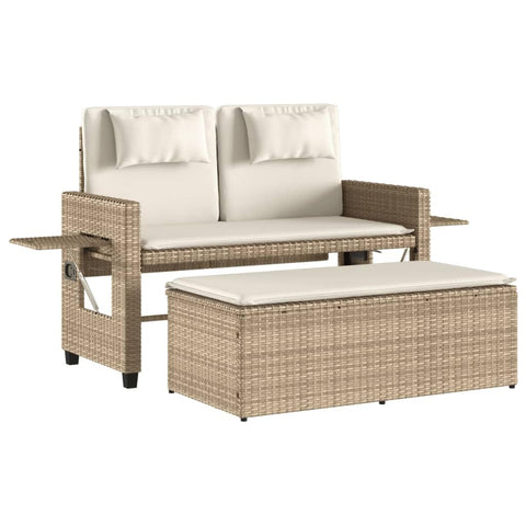 vidaXL Beige Poly Rattan Reclining Patio Loveseat/Bench with Cushions & Extendable Sofa Bed Function - Outdoor Lounge Furniture
