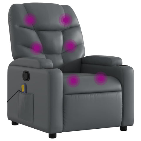 vidaXL Gray Leather Recliner Chair with 6-Point Vibration Massage, Adjustable Backrest & Footrest, Cup Holders, Side Pocket, Padded Seat, Perfect for Living Room or Home Theater Seating
