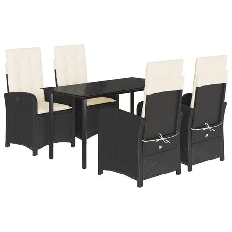 vidaXL 5 Piece Patio Dining Set Black Poly Rattan with Cushions - Adjustable Reclining Chairs, Tempered Glass Table