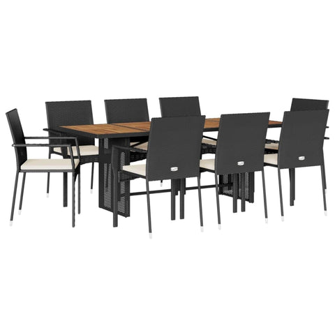 vidaXL 9 Piece Patio Dining Set - Black Poly Rattan Outdoor Garden Furniture with Cushions and Acacia Wood Tabletop