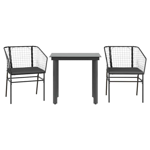 vidaXL 3 Piece Patio Dining Set - Black Poly Rattan Furniture with Cushions & Glass Tabletop- Perfect for Outdoor, Garden, Patio, Backyard- Durable & Weather-