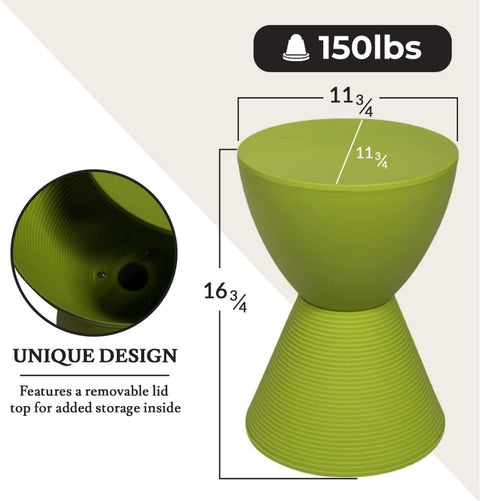 Green Modern Side Table ABS Shell Compact Hourglass Drum End Table with Removable Lid Storage for Indoor Outdoor Use Accent Furniture 16.75H x 11.75W x 11.75D Boyd Series