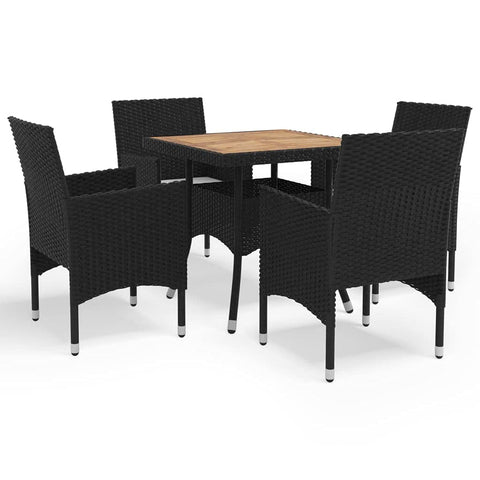 vidaXL 5 Piece Outdoor Dining Set in Black and Brown Poly Rattan with Cushions | Modern Garden Furniture for Balcony Patio Gatherings Table Chairs Acacia Wood Weather Resistant