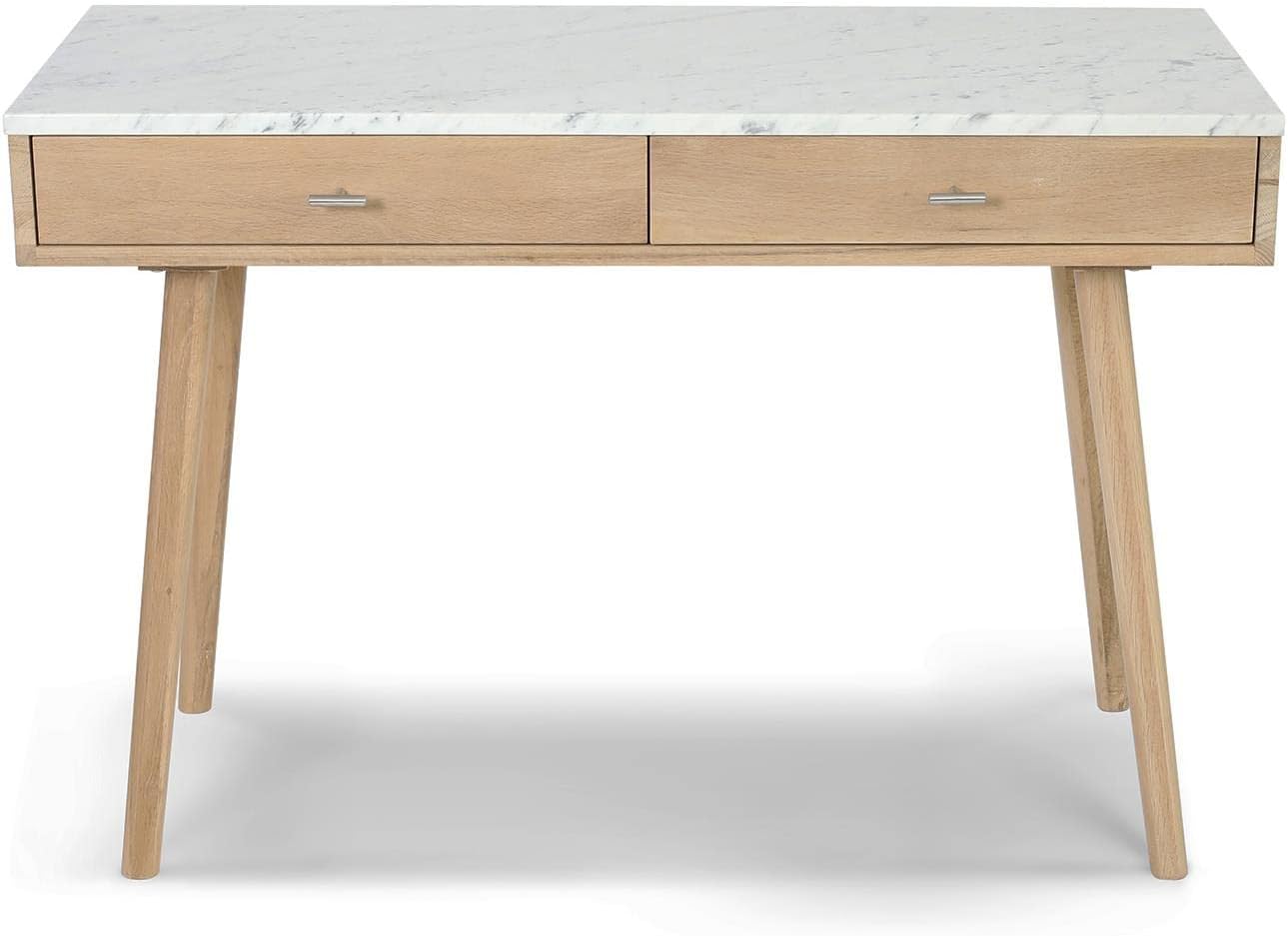 Bianco Contemporary Durable Viola Italian Carrara White Marble Writing Desk with Storage & Oak Legs - 44", Rectangular