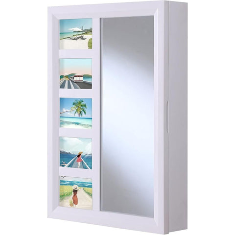 Oakestry Venice Wall Mount Jewelry Armoire Jewelry Cabinet Storage WM17231 With Photo Frame Mirror Drawers 16 Inch W X 23 Inch H X 4.75 Inch D White Wall Mounted Jewelry Organizer for Home Storage
