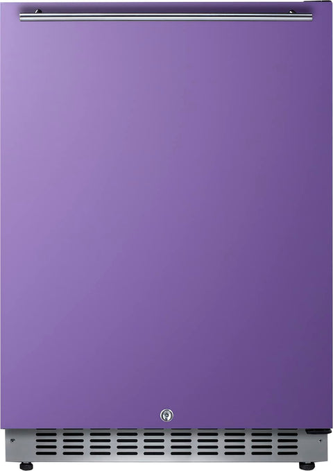 Built-in undercounter ADA compliant all-refrigerator with lavender purple door stainless steel handle black cabinet door storage and digital controls