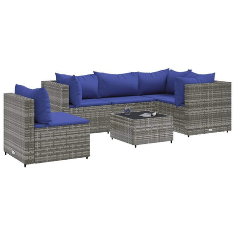 vidaXL 6-Piece Patio Lounge Set - Gray Poly Rattan, Outdoor Garden/Backyard/Patio - Dark Blue Cushions, Modular Design