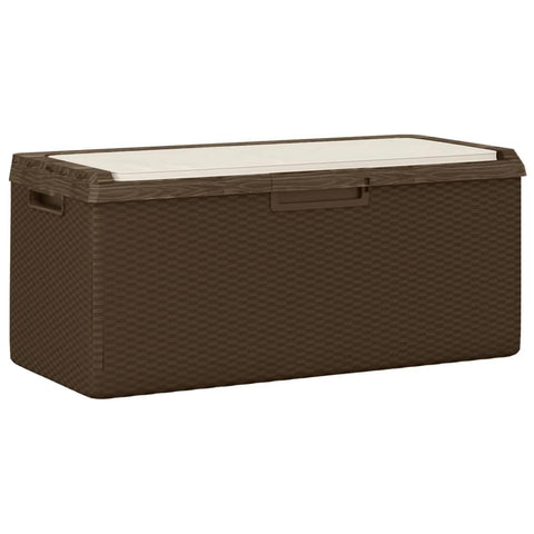 vidaXL Patio Storage Box with Seat Cushion â€“ Brown Rattan Look, 92.5 Gallons Capacity â€“ Garden Outdoor Furniture for Cushions, Pillows, Tools â€“ Weather & UV with Gas-Lift Design