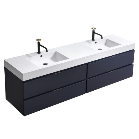 Bliss 72" Double Sink Blue Wall Mount Modern Bathroom Vanity