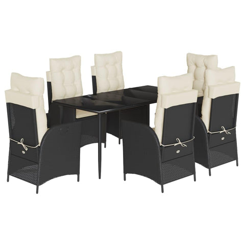 vidaXL 7 Piece Patio Dining Set with Cushions - Black Poly Rattan Outdoor Garden Dining Table and Reclining Chairs with Adjustable Backrests and Tempered Glass Tabletop