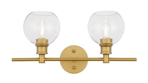 Living District Collier Industrial Mid-Century Modern 2 Light Entryway and Bathroom Wall Sconce in Brass and Clear Glass