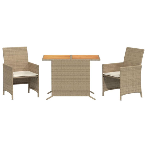 vidaXL 3-Piece Bistro Set - Beige Poly Rattan with Cushions, Acacia Wood Tabletop, Compact Outdoor Furniture for Patio/Garden