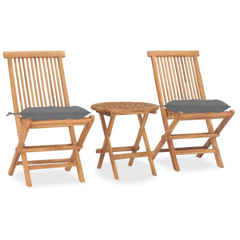 vidaXL 3 Piece Folding Patio Dining Set - Solid Teak Wood - Gray Cushions - Outdoor Garden Terrace Furniture - Includes 1 Round Table and 2 Chairs with Comfort Cushions