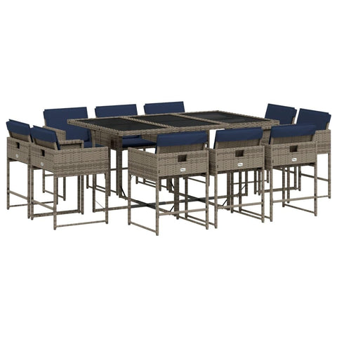 vidaXL - 11 Piece Patio Dining Set/Outdoor Furniture Set with Cushions - Gray Poly Rattan, Rectangular, Tempered Glass Tabletop, Cushioned Chairs, Garden/Balcony/Backyard.