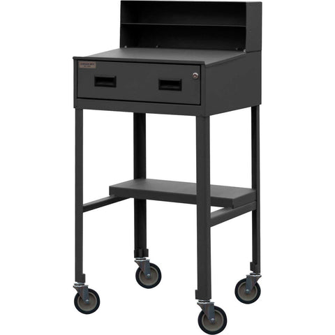Mobile Shop Desk With (4) 3 Inch Soft Rubber Swivel Plug In Casters Sloped Work Surface With Pencil Rest Lip 2 Storage Compartments 1 Half Shelf And 1 Drawer Gray