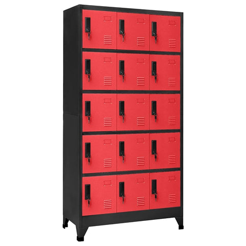 vidaXL Steel Locker Cabinet with 15 Lockable Doors, Air Vents for Ventilation, Name Tag Holders for Organization, Modern Design in Anthracite and Red - 35.4"x15.7"x70.9"