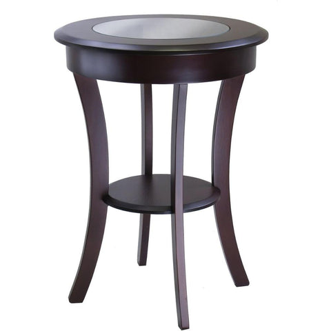 Oakestry Cassie Round Accent Table Cappuccino Solid Wood Frame with Tempered Glass Top Modern End Table with Lower Shelf for Living Room Bedroom or Office Flared Legs Compact Size for Small Spaces
