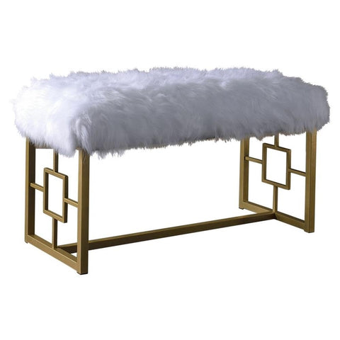 Acme Bagley II Faux Fur Upholstered Bench with Metal Sled Base in White and Gold