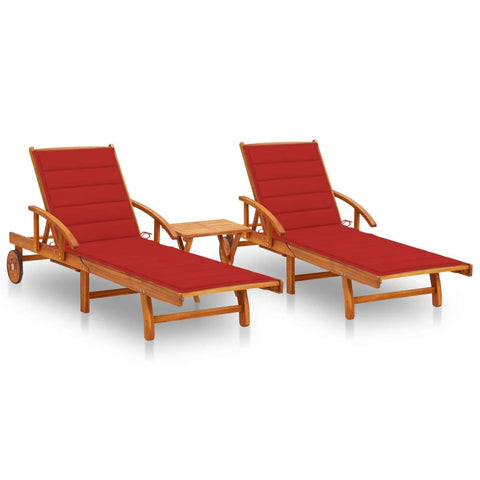 vidaXL 2X Solid Acacia Wood Sun Loungers w/Table & Red Cushions - Foldable, Weather- Outdoor Day Beds for Garden, Patio & Pool Deck