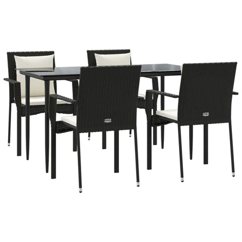 vidaXL 5-Piece Trendy Patio Dining Set with Cushions - Weather-Resistant PE Rattan, Black - Includes Glass Tabletop and 4 Padded Chairs - Garden and Outdoor Functionality