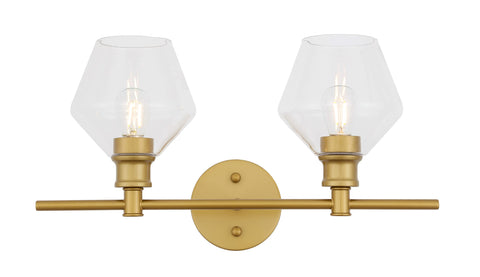 Living District Gene Industrial Mid-Century Modern 2 Light Entryway and Bathroom Wall Sconce in Brass and Clear Glass