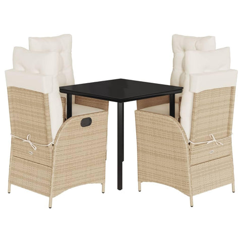 vidaXL 5 Piece Poly Rattan Patio Dining Set with Cushions - Beige PE Rattan Outdoor Garden Furniture with Adjustable Reclining Chairs and Tempered Glass Tabletop