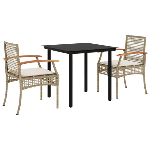 vidaXL - Patio Dining Set with Cushions Furniture 3 Piece Beige Poly Rattan for Garden/Backyard/Patio with Tempered Glass Tabletop