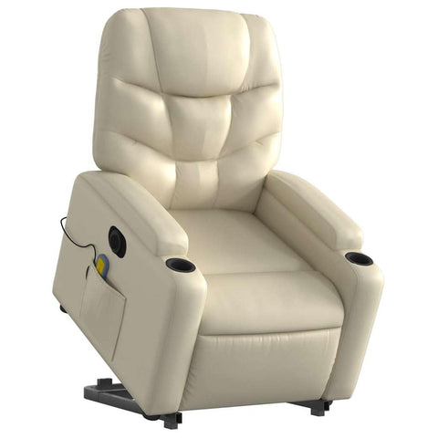 vidaXL Electric Massage Recliner Chair - Cream Faux Leather Stand Up Armchair with Power Lift, Vibration Massage, Cup Holders for Living Room