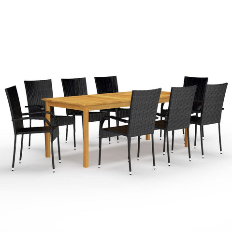vidaXL Patio Dining Set 9 Piece, Outdoor Dining Table Set with Wood Tabletop, Rattan Chairs with Armrests, Conversation Set for Garden, Farmhouse, Black