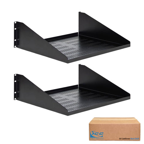 ICC 3U Cantilever Rack Shelf, Heavy-Duty Ventilated Steel Tray for 19" Network Equipment Racks, 15" Deep, 50 lbs Capacity, 2-Pack, Black
