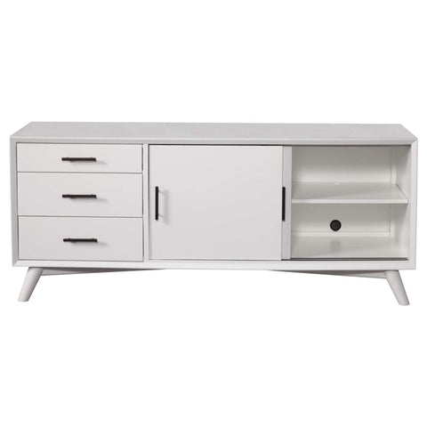 Oakestry Flynn TV Console White Finish Solid Wood Media Stand Modern Entertainment Center Spacious Storage Adjustable Shelves Cable Management Stylish Compact Furniture Piece Living Room Organizer