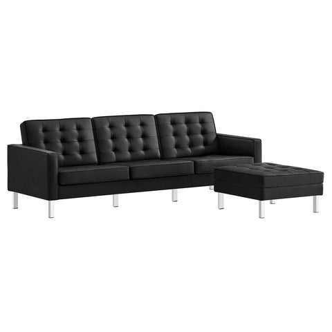 Modway EEI-6410-SLV-BLK-SET Loft Tufted Vegan Leather Sofa and Ottoman Set, Silver Black