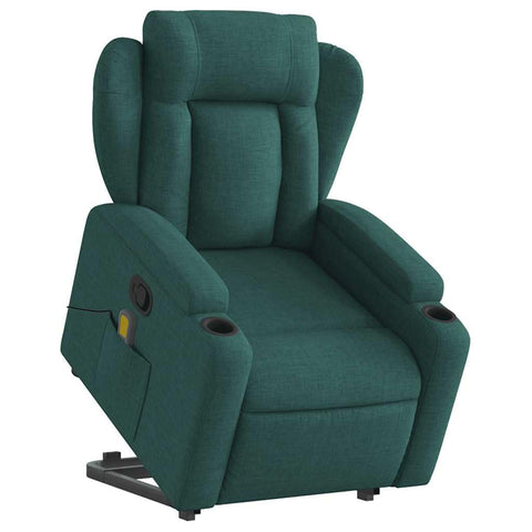 vidaXL Power Lift Recliner Chair - Dark Green Fabric Massage Armchair with Cup Holders, Manual Recline, for Living Room Comfort, 3206013