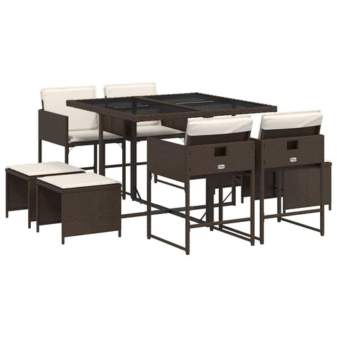 vidaXL Patio Dining Set with Cushions 9 Piece, Table and Chairs with Backrest, Outdoor Bistro Set for Garden Backyard, Modern, Brown Poly Rattan
