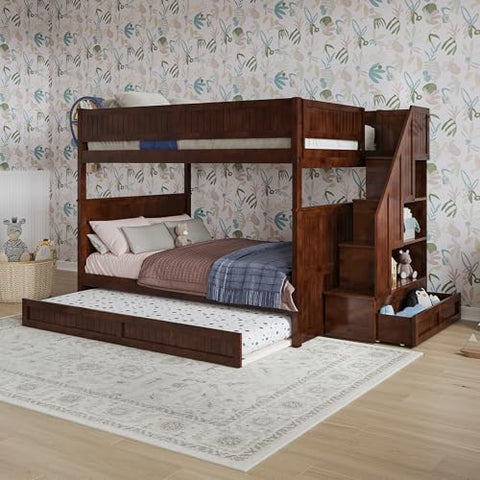Dover Full over Full Staircase Bunk Bed with Storage Drawer and Twin Trundle in Walnut